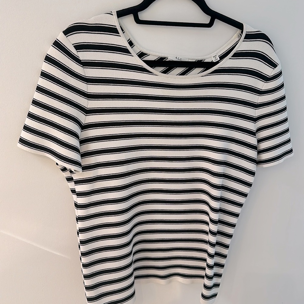 ALC black and white striped heavy weight fitted T with decorative back size L